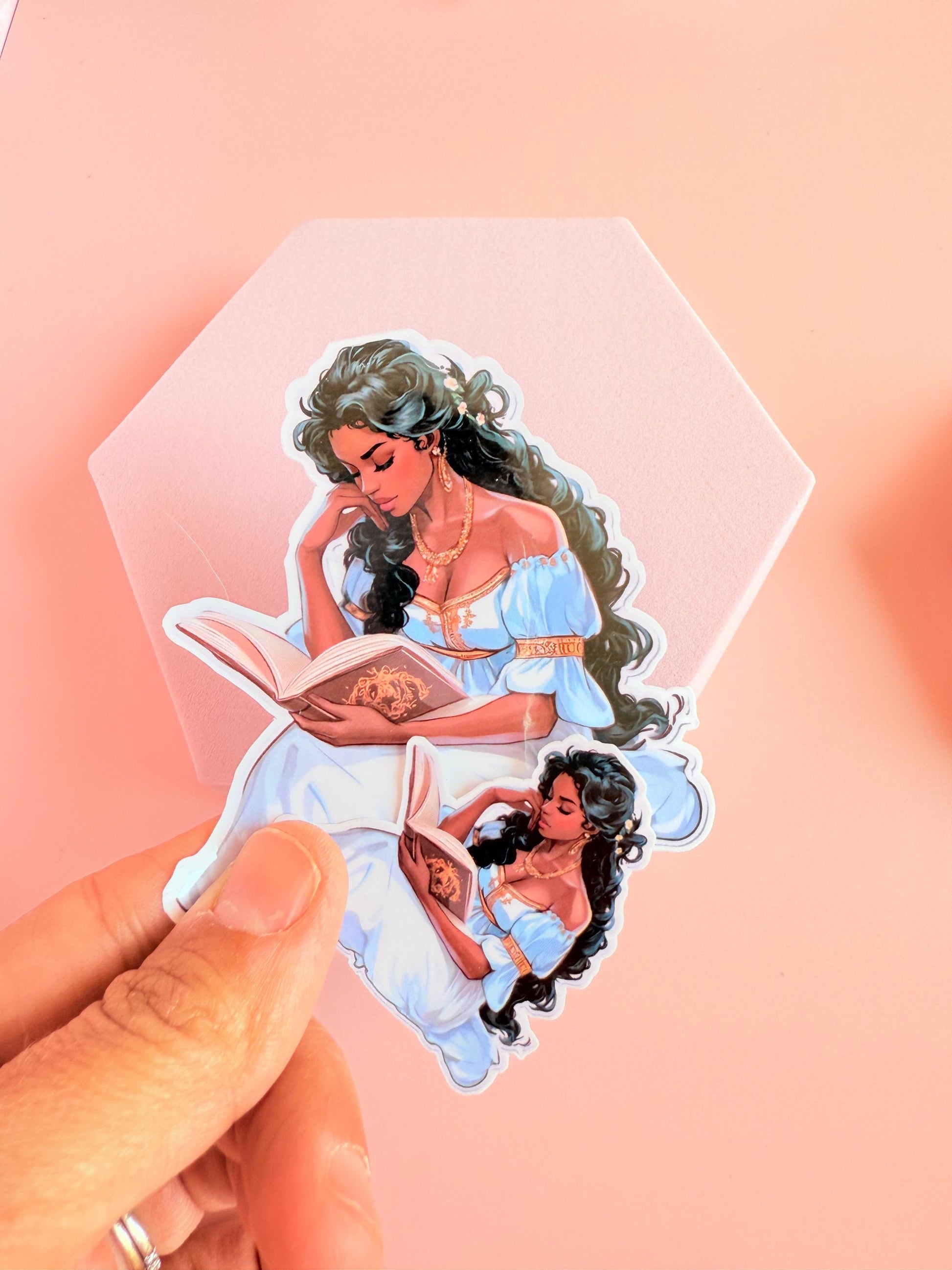 Elegant Woman Reading Sticker – Fantasy Bookish Vinyl for Journals, Kindles & Literary Aesthetic Decor - The Sticker Era