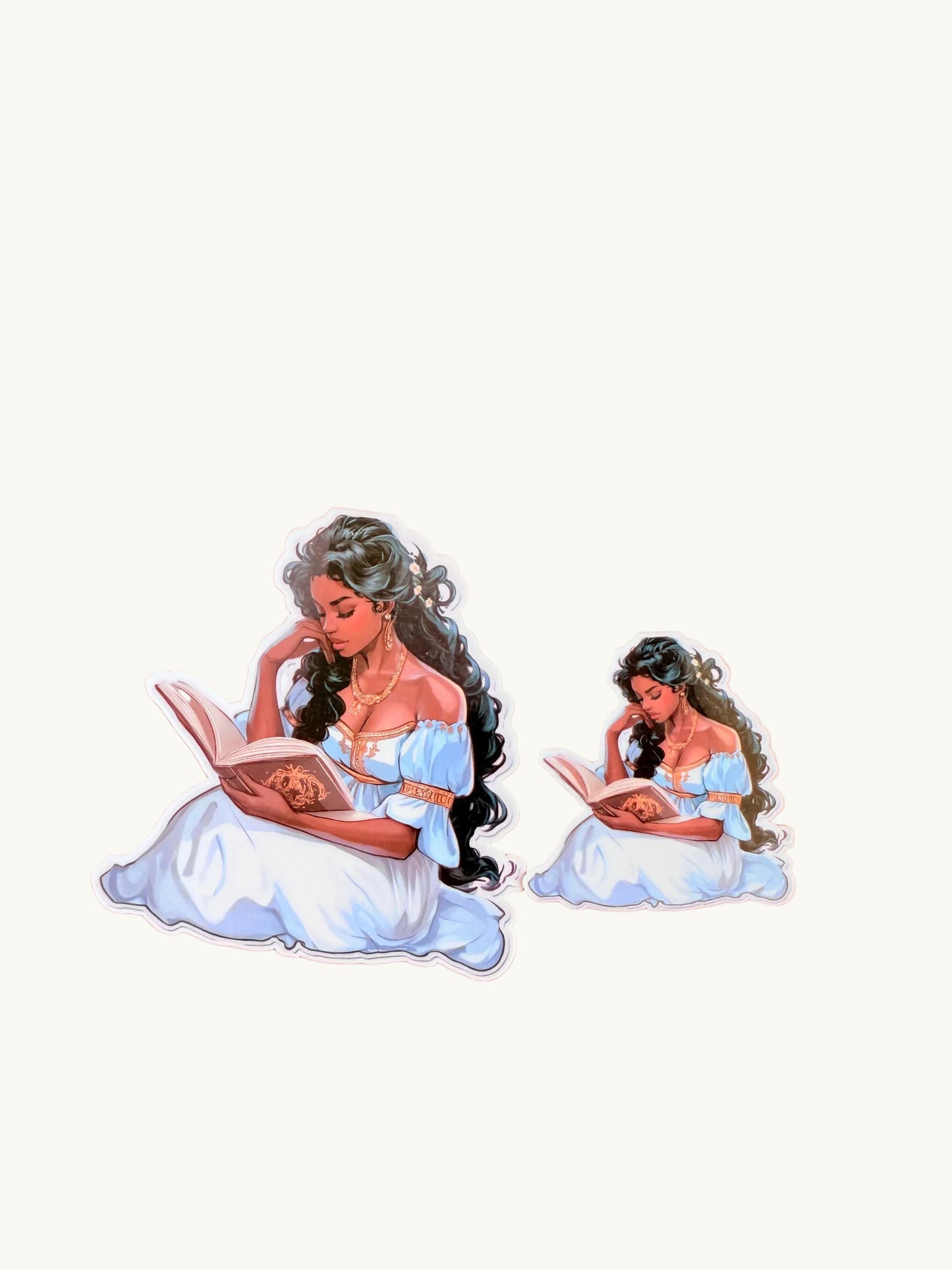 Elegant Woman Reading Sticker – Fantasy Bookish Vinyl for Journals, Kindles & Literary Aesthetic Decor - The Sticker Era