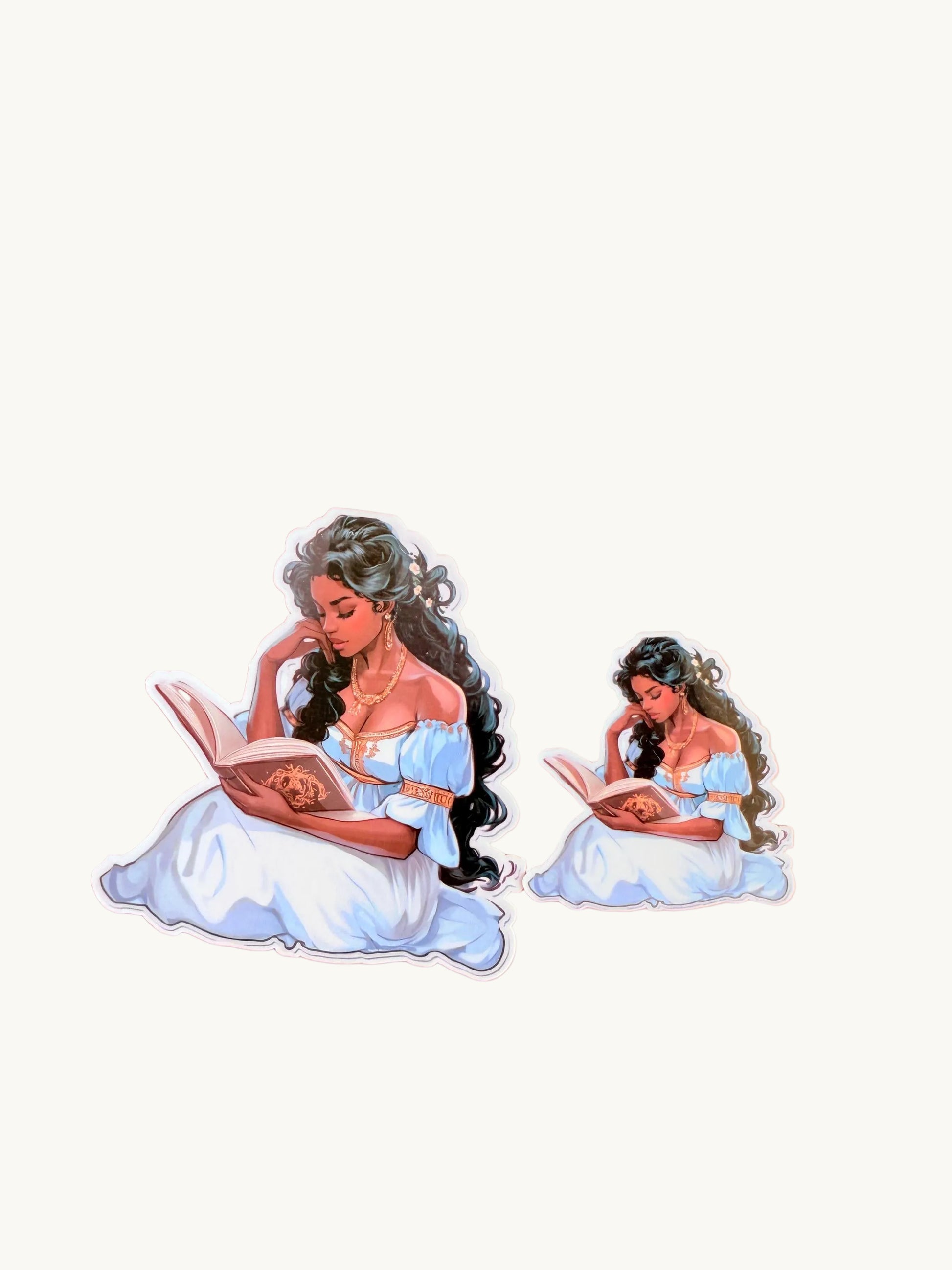 Elegant Woman Reading Sticker – Fantasy Bookish Vinyl for Journals, Kindles & Literary Aesthetic Decor - The Sticker Era