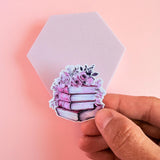 Pink Book Stack & Flowers Sticker | Romantic Bookish Vinyl Decal by The Sticker Era