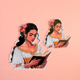Floral Reading Woman Sticker | Bright Bookish Girl in Gold Dress Vinyl Decal by The Sticker Era