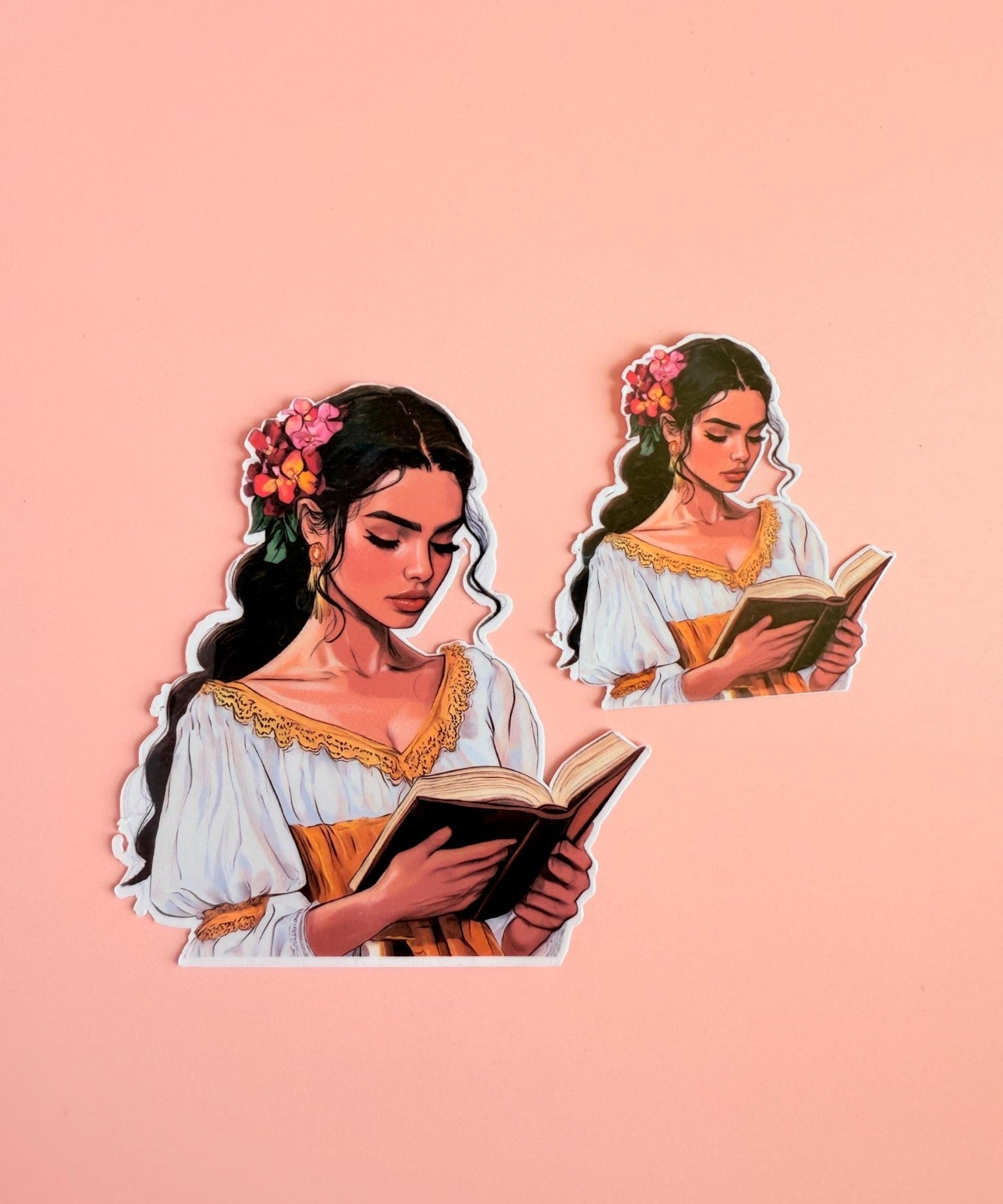 Floral Reading Woman Sticker | Bright Bookish Girl in Gold Dress Vinyl Decal by The Sticker Era