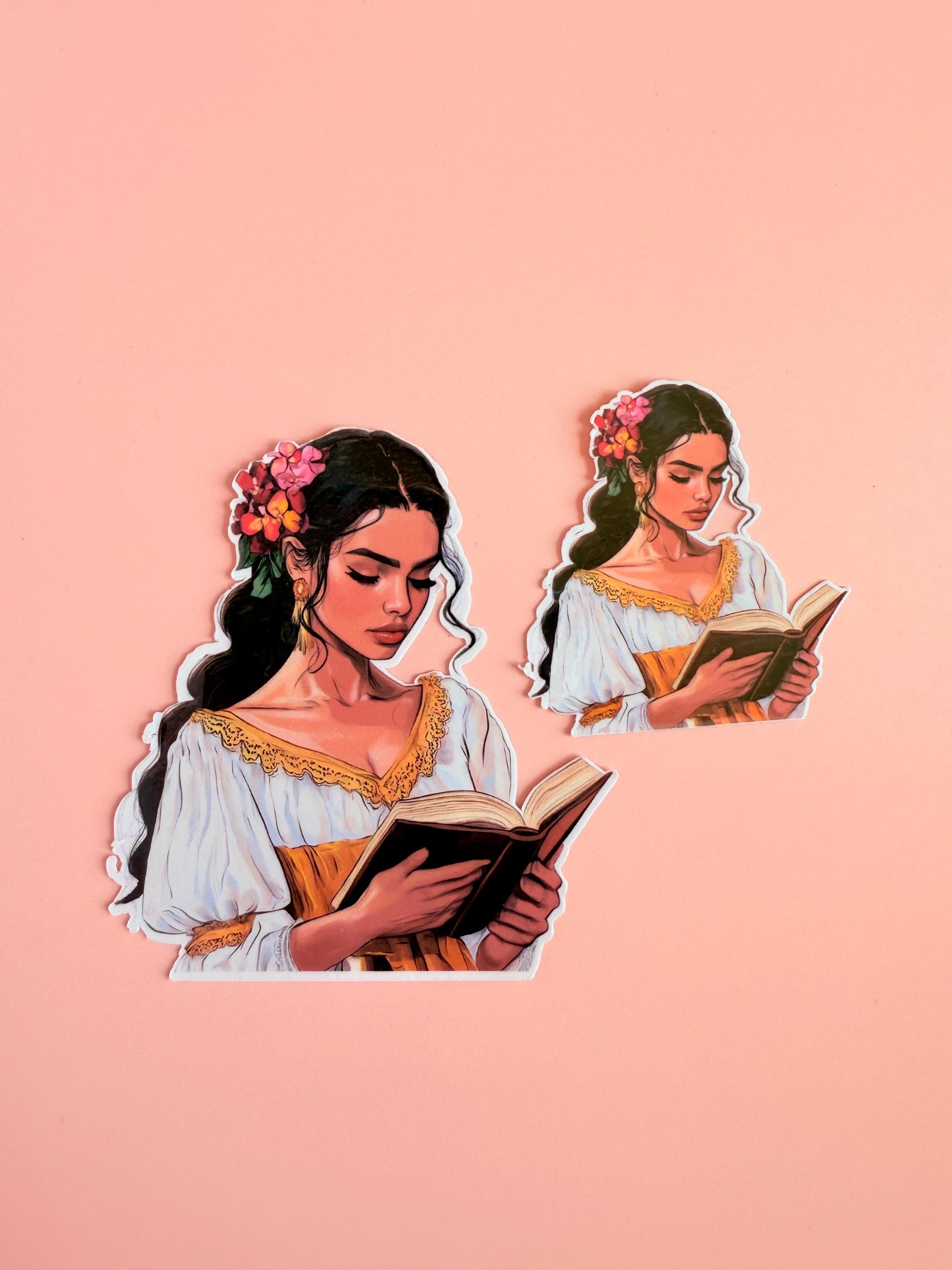 Floral Reading Woman Sticker – Bright Bookish Vinyl with White & Gold Dress for Kindles, Journals | Planners|kindle gift| book club gift - The Sticker Era