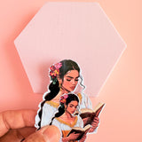 Floral Reading Woman Sticker | Bright Bookish Girl in Gold Dress Vinyl Decal by The Sticker Era