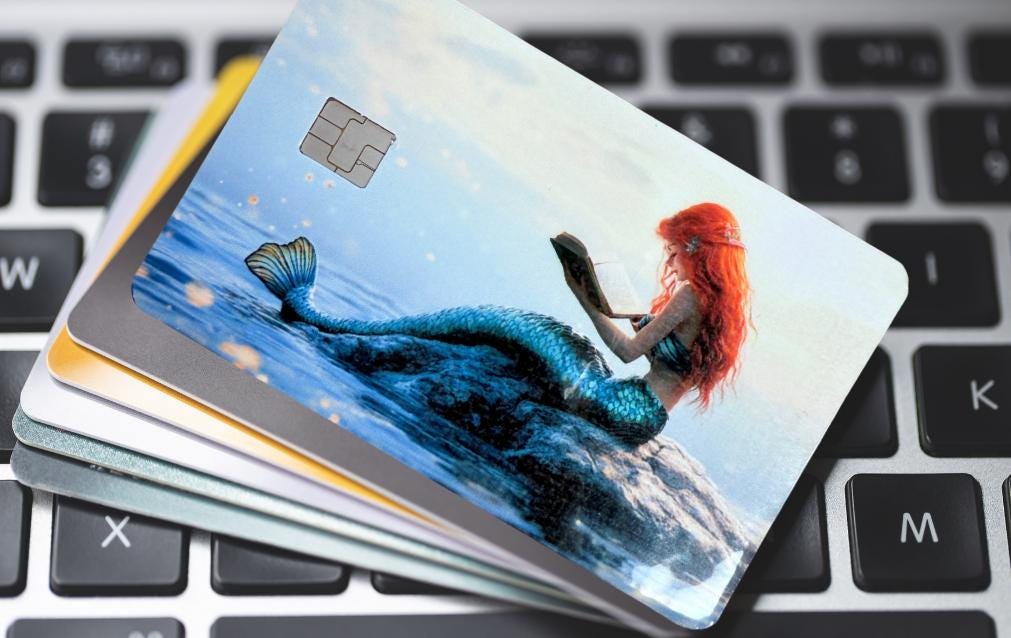 Mermaid Debit Card Skin | Reading Mermaid Fantasy Ocean Vinyl Cover | Redhead Octopus Book Lover Wallet Decal | Standard Size Credit Card Skin - The Sticker Era