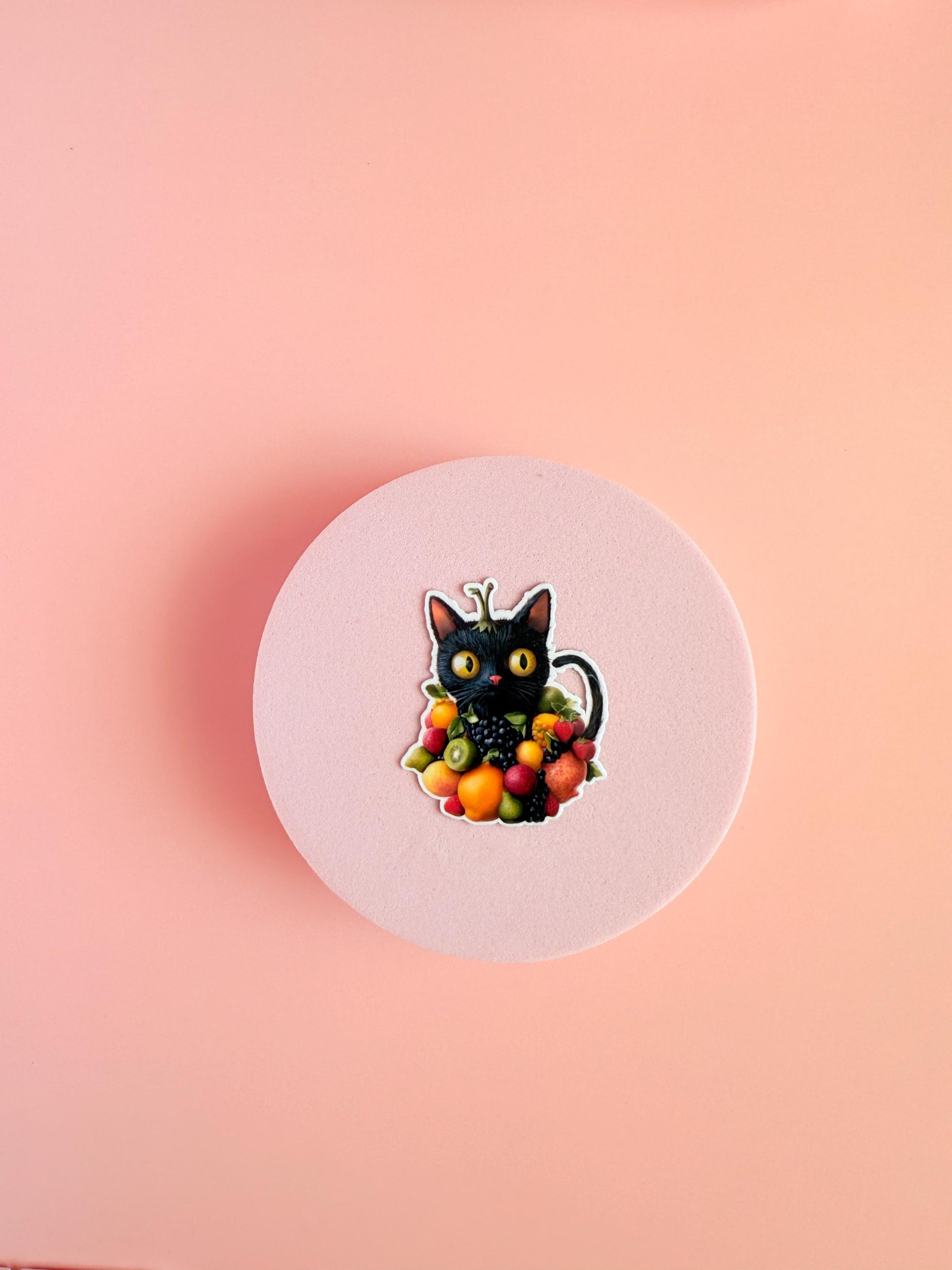 Fruit Cat Vinyl Sticker – Cute Black Cat with Fruit | Aesthetic Waterproof Sticker for Laptops, Journals, Water Bottles - The Sticker Era