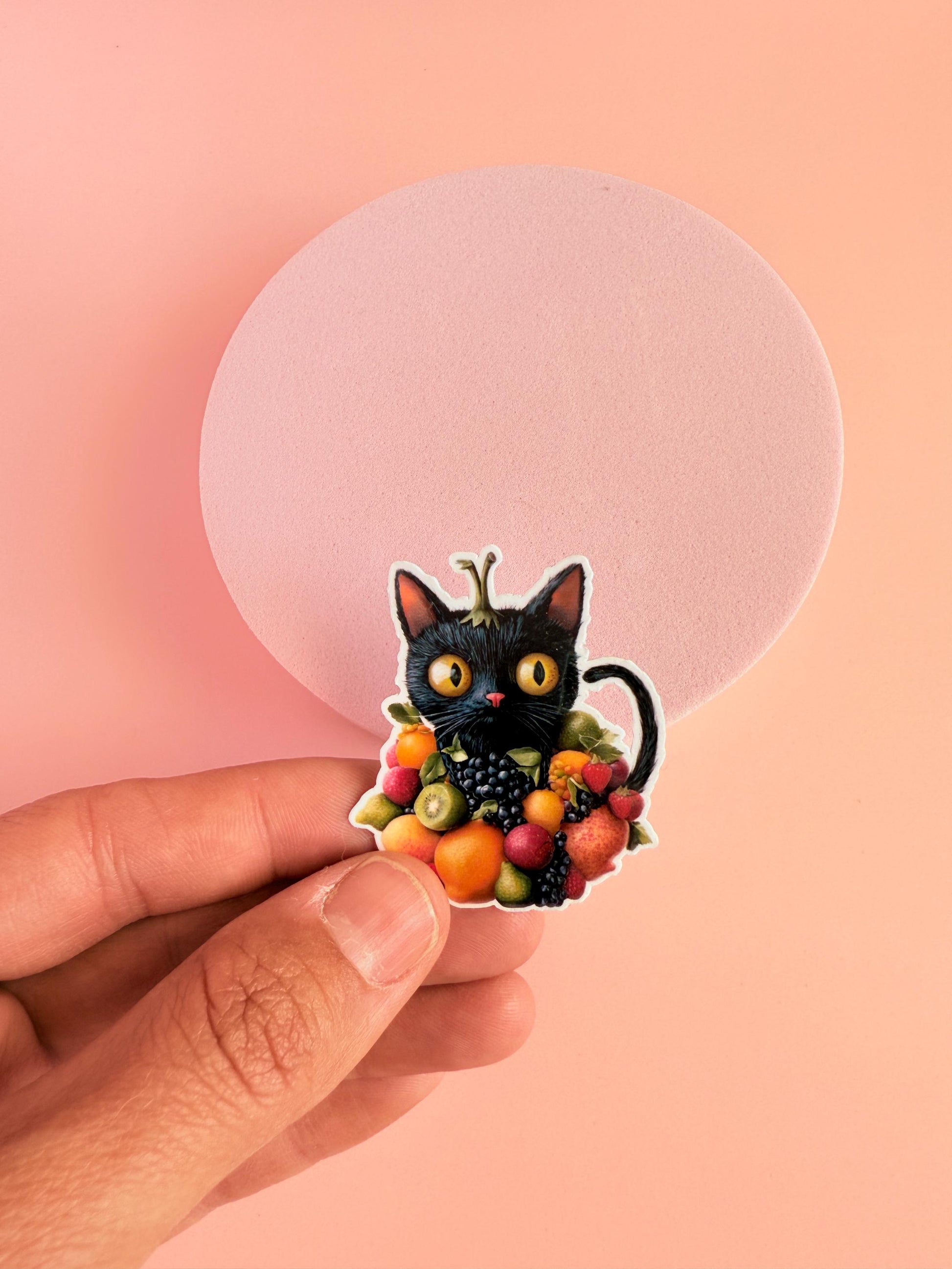 Fruit Cat Vinyl Sticker – Cute Black Cat with Fruit | Aesthetic Waterproof Sticker for Laptops, Journals, Water Bottles - The Sticker Era