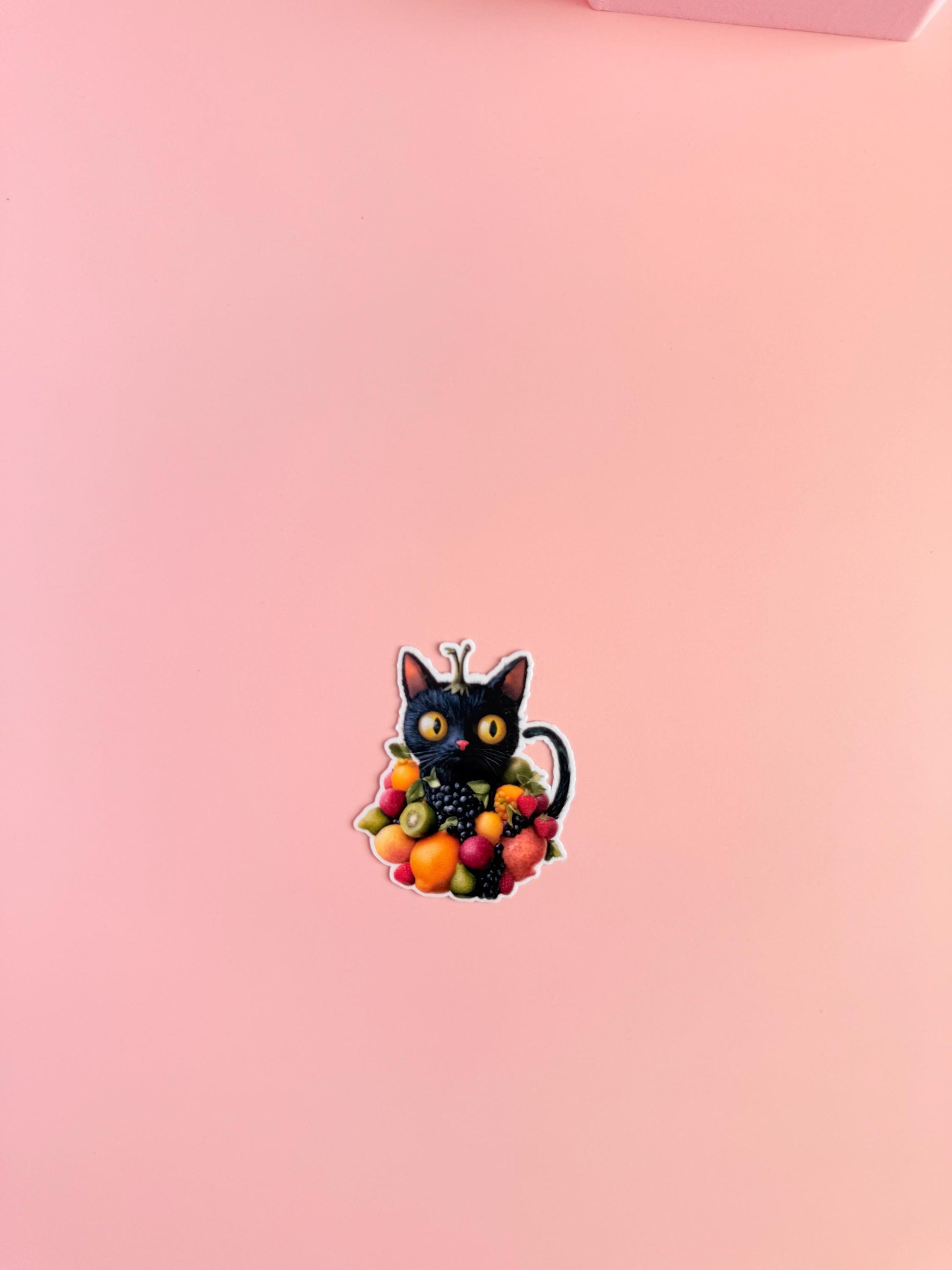 Fruit Cat Vinyl Sticker – Cute Black Cat with Fruit | Aesthetic Waterproof Sticker for Laptops, Journals, Water Bottles - The Sticker Era