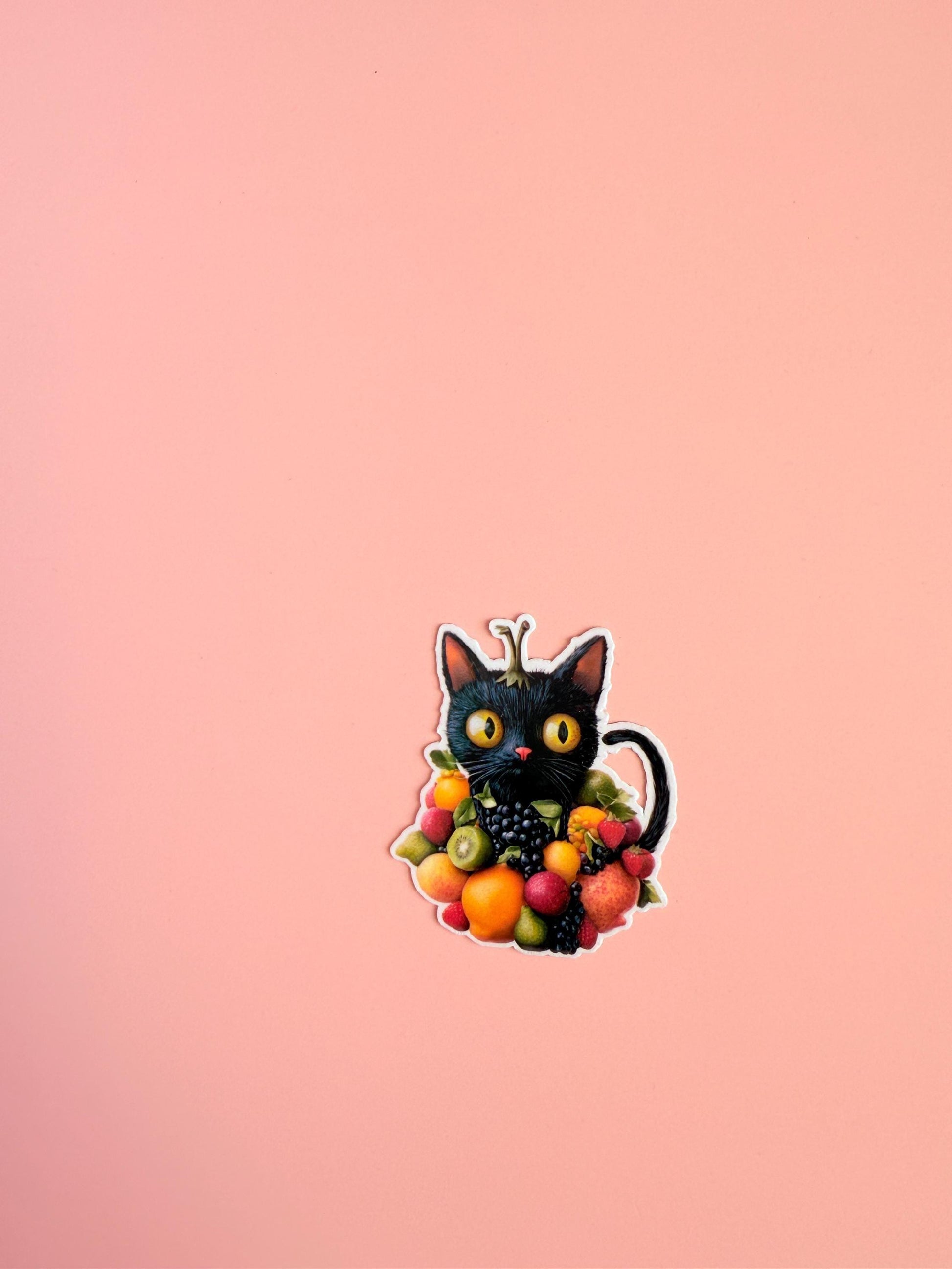 Fruit Cat Vinyl Sticker – Cute Black Cat with Fruit | Aesthetic Waterproof Sticker for Laptops, Journals, Water Bottles - The Sticker Era