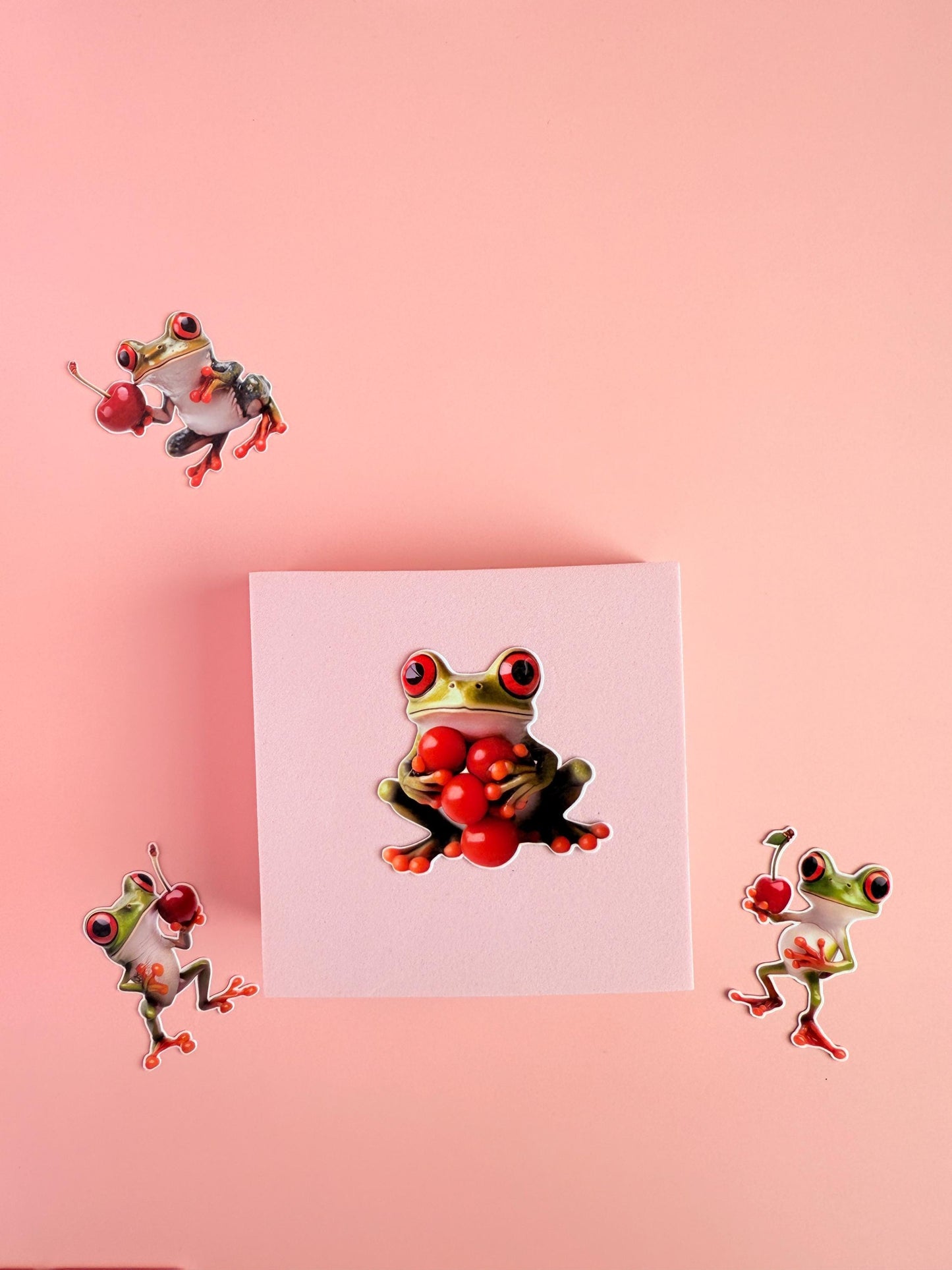 Frog Sticker Pack –4 Cute Red-Eyed Tree Frog Vinyl Stickers with Cherries for Water Bottles, Laptops, Journals|animal gift|kindle decor - The Sticker Era