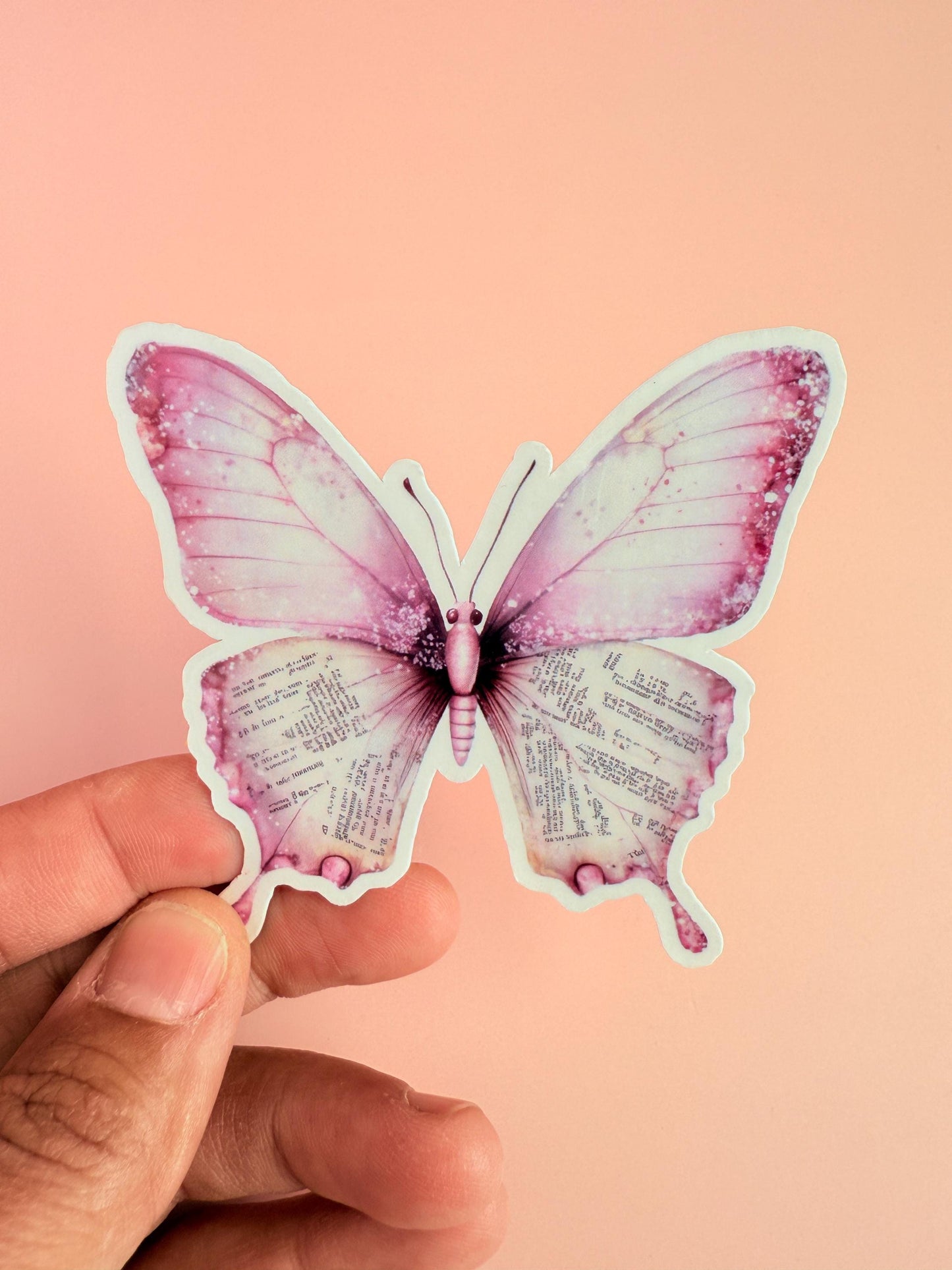 Pink Butterfly Sticker – Vintage Text Butterfly Vinyl Sticker for Journals, Kindles & Water Bottles | Bookish Aesthetic Decal |bookclub gift - The Sticker Era