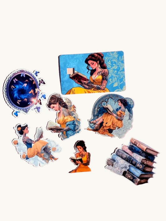 Bookish sticker and debit card skin bundle featuring 'Tattooed Book Lover' art. Premium matte vinyl set including waterproof decals for Kindles and a matching residue-free bank card cover.