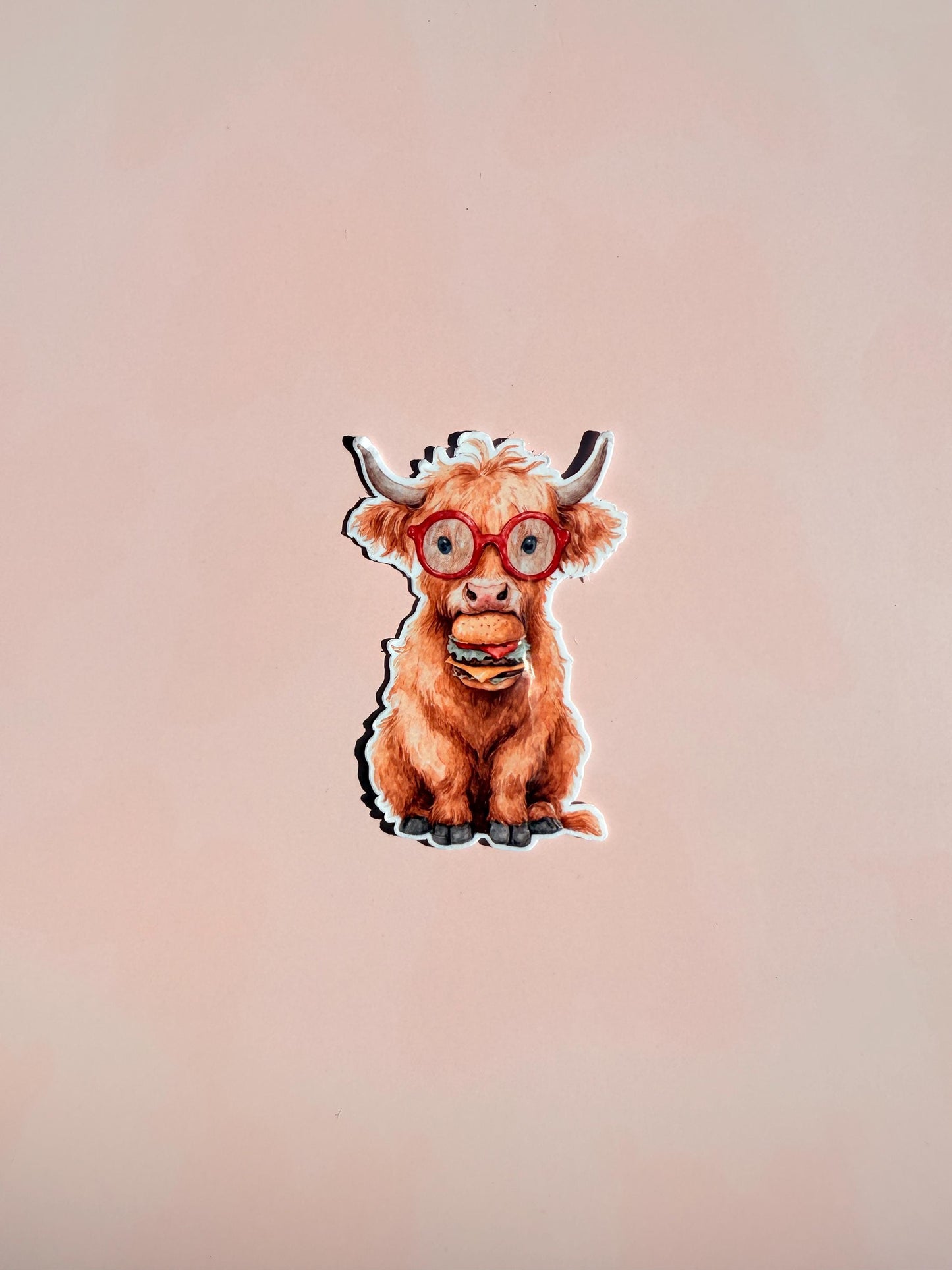 Cute Highland Cow Sticker | Funny Cow with Glasses Decal | Hamburger Lover Vinyl Sticker | Bookish Farm Animal Laptop Water Bottle Decal - The Sticker Era