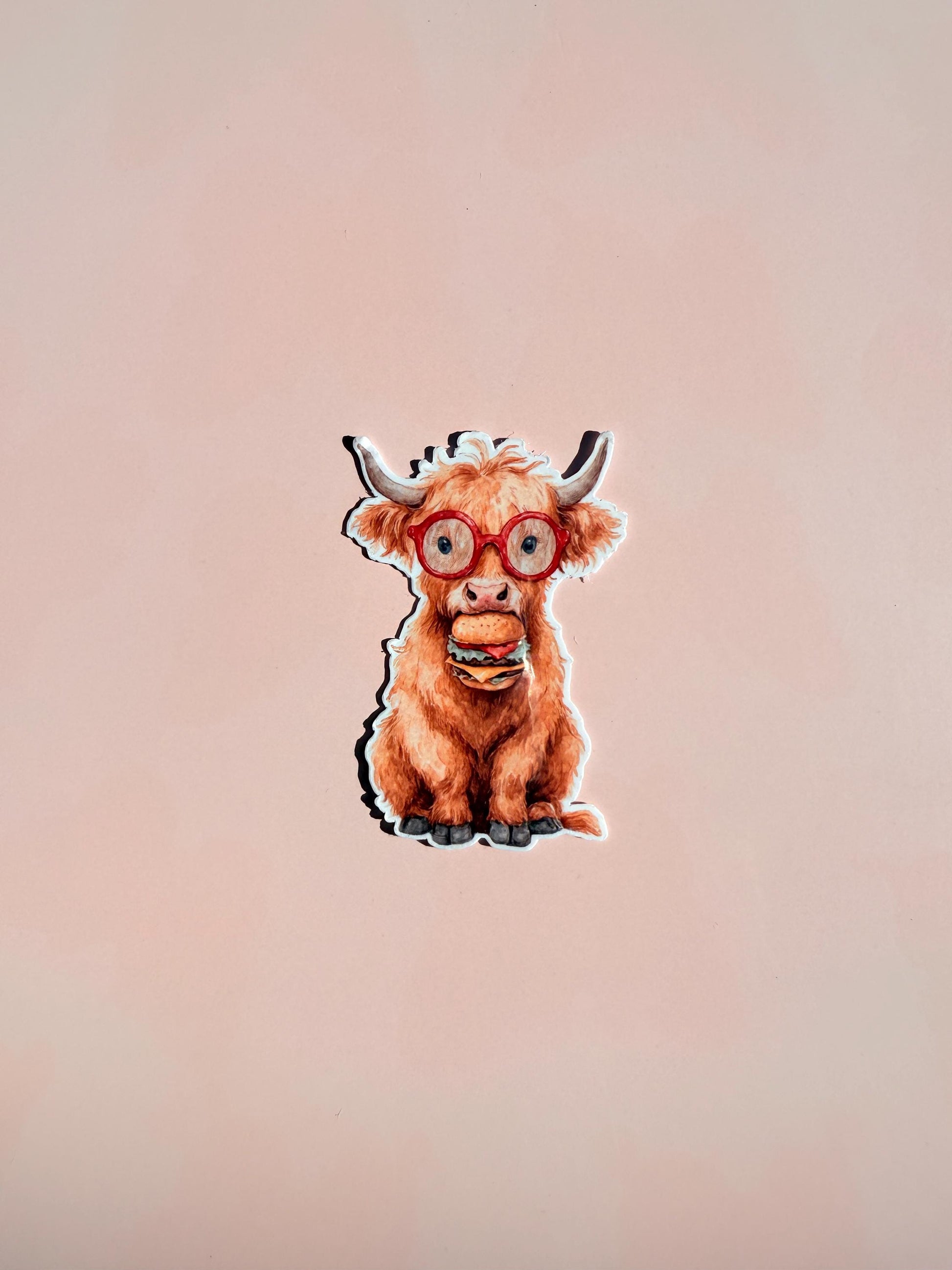 Cute Highland Cow Sticker | Funny Cow with Glasses Decal | Hamburger Lover Vinyl Sticker | Bookish Farm Animal Laptop Water Bottle Decal - The Sticker Era