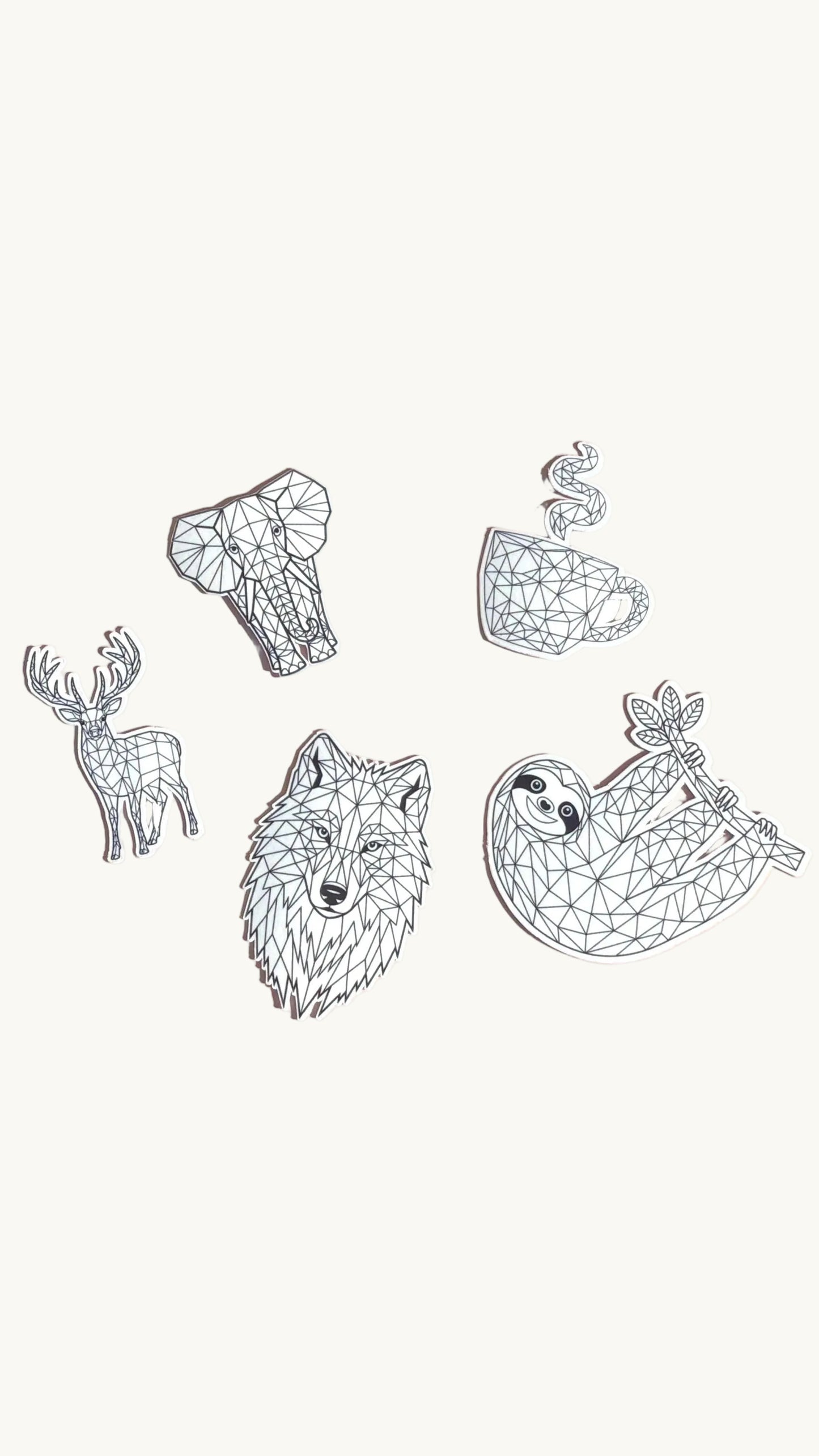 Geometric Animal & Coffee Sticker Pack - Low Poly Elephant Wolf Deer Sloth Coffee Cup Vinyl Decals - Aesthetic Laptop Water Bottle Planner - The Sticker Era