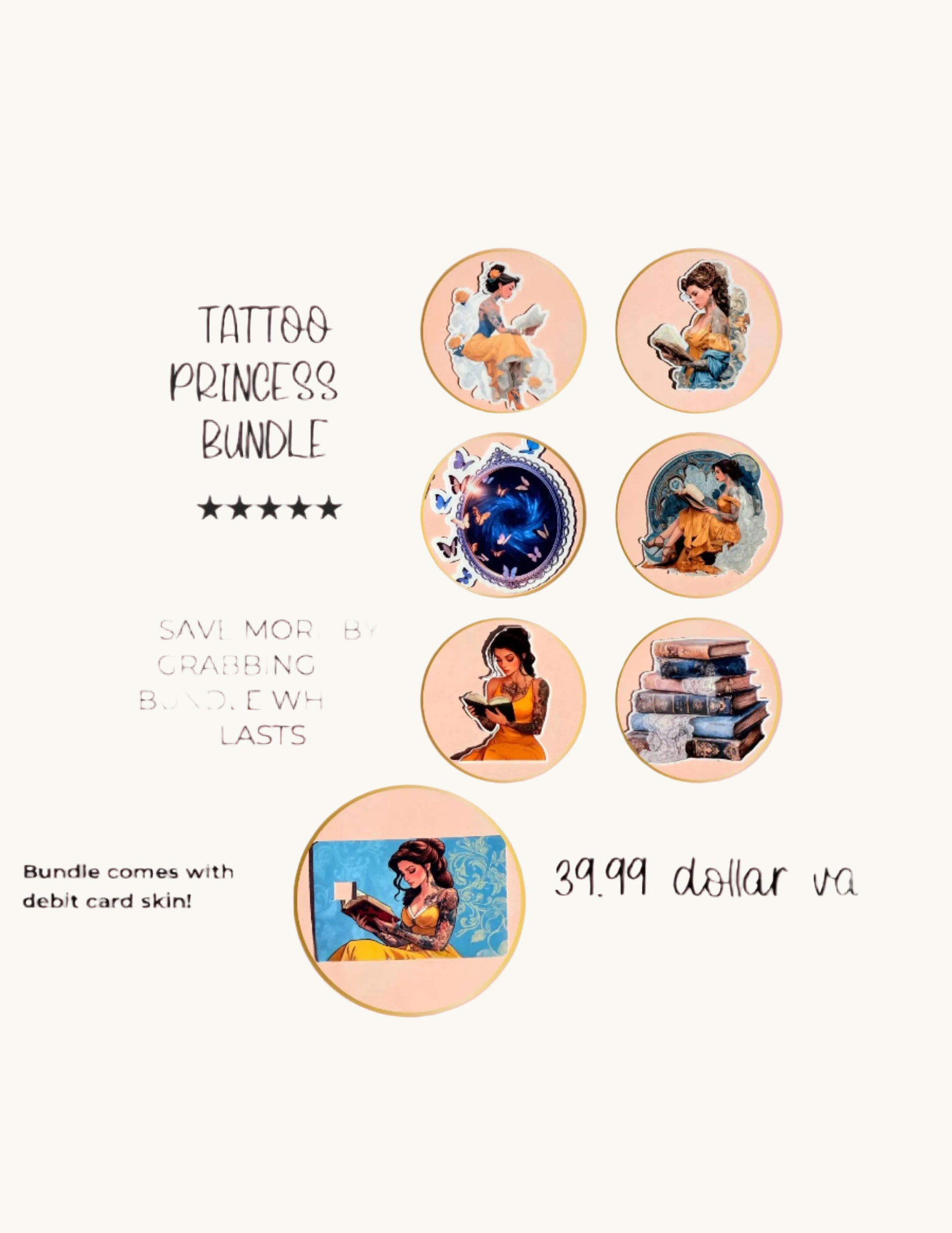 Enchanting book lover gift set with tattoo-inspired literary designs. Includes 6 waterproof vinyl stickers and 1 precision-cut card decal, designed in California by The Sticker Era.