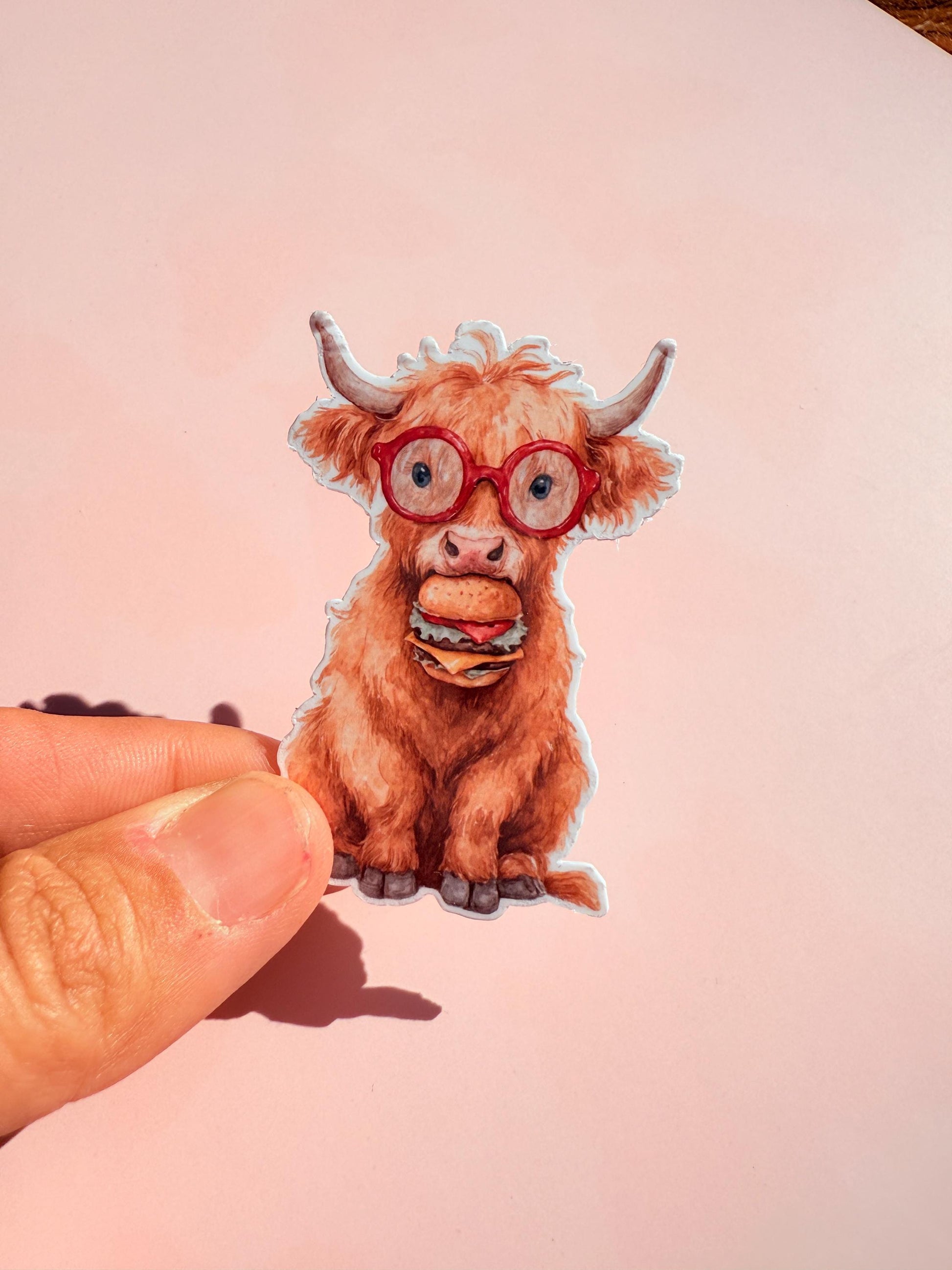 Cute Highland Cow Sticker | Funny Cow with Glasses Decal | Hamburger Lover Vinyl Sticker | Bookish Farm Animal Laptop Water Bottle Decal - The Sticker Era