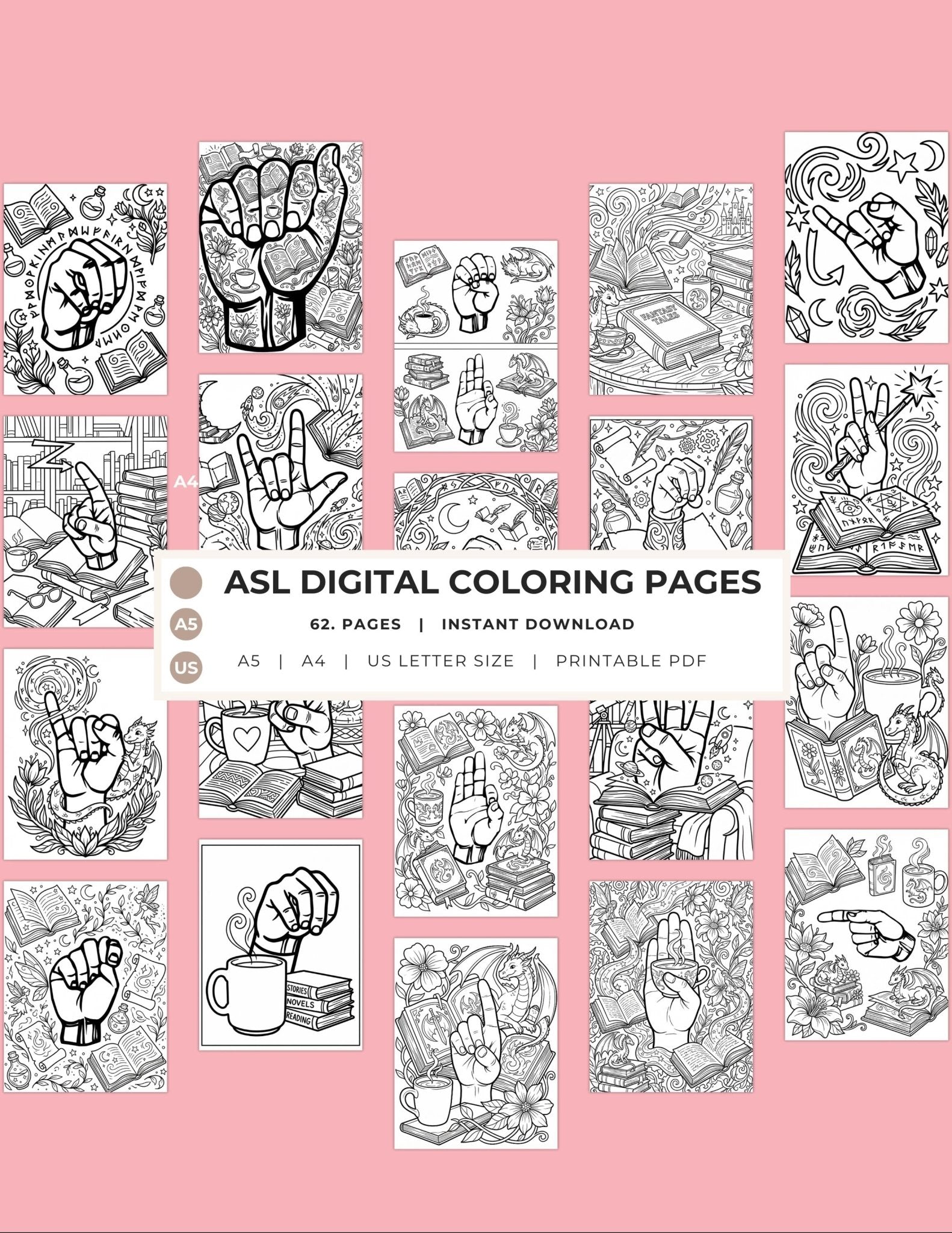 Adult Coloring Book Printable, ASL Sign Language Art, 62 Pages PDF Bundle, Instant Download by The Sticker Era
