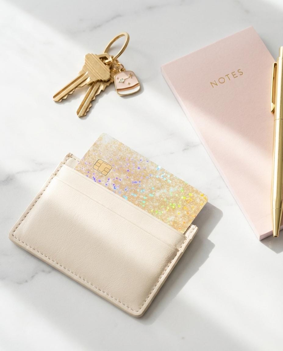 Gold glitter debit card skin styled with keys and neutral decor by The Sticker Era
