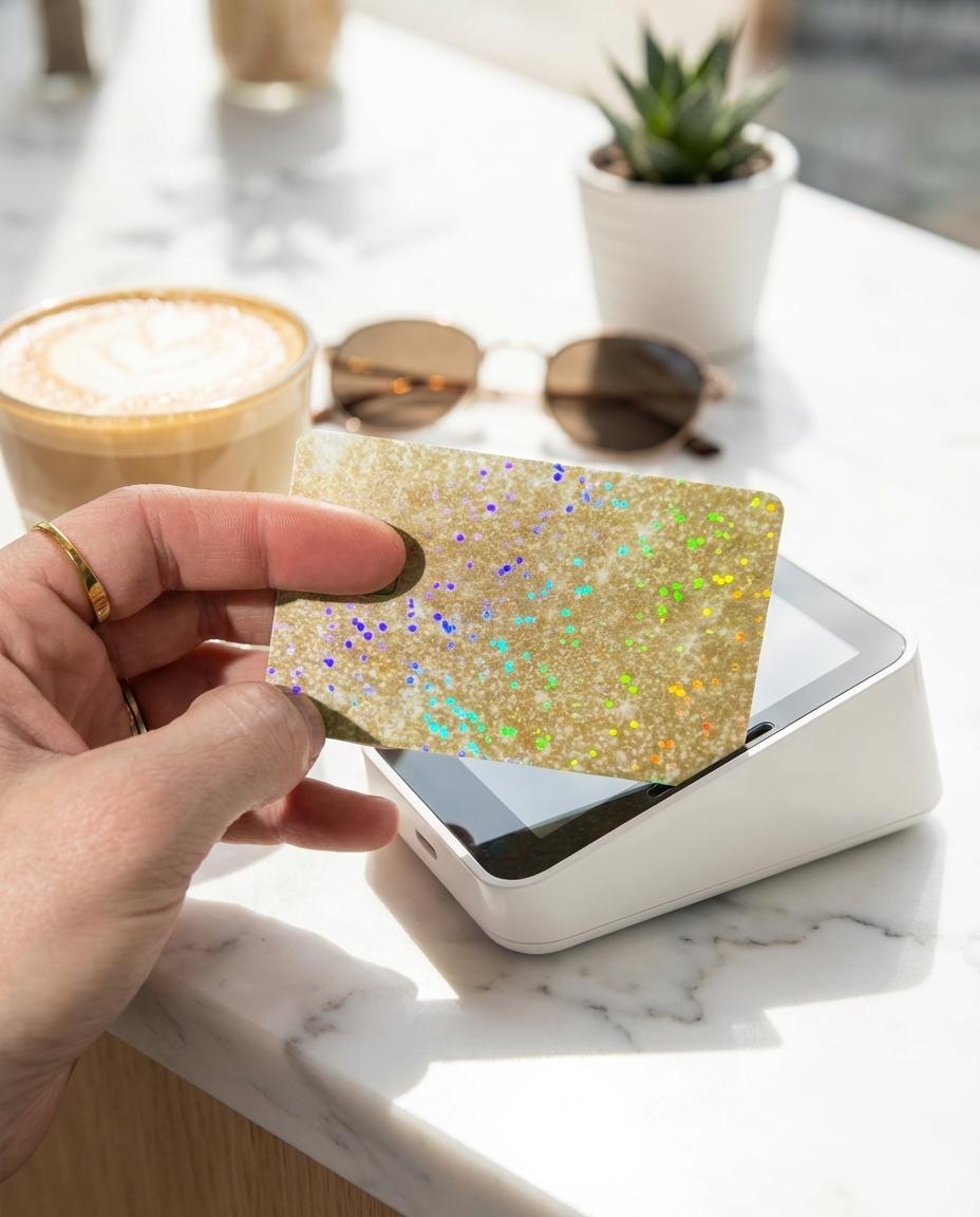  Gold sparkly card skin held in hand beside a coffee cup by The Sticker Era