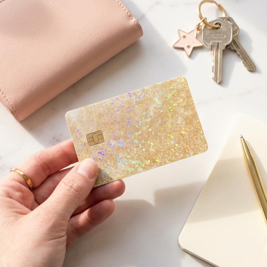 Hand holding a gold glitter debit card skin with keys on a soft pink background by The Sticker Era