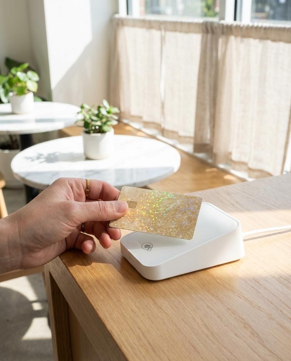 Gold glitter card skin being applied to a debit card by The Sticker Era