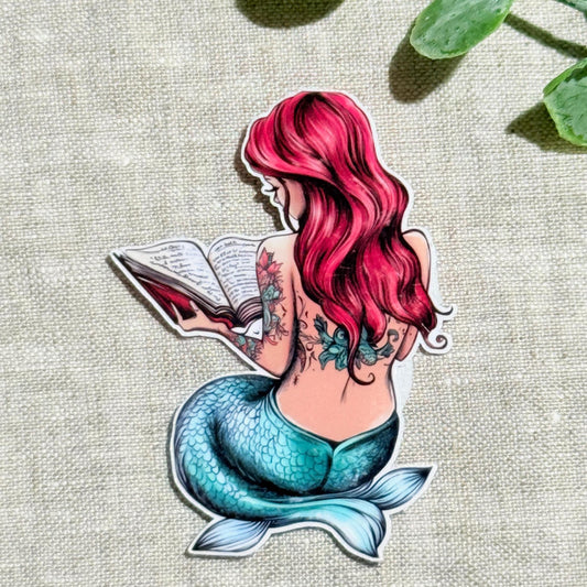 Tattooed Mermaid Reading Sticker: Bookish Vinyl Decal by The Sticker Era