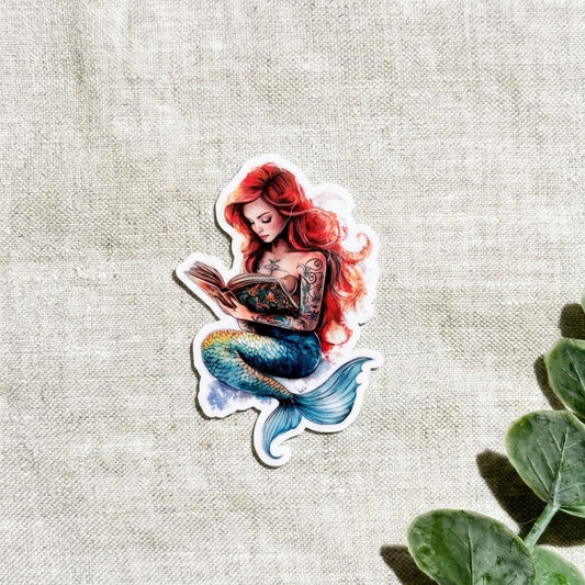 Mermaid Reading Sticker – Fantasy Bookish tattooed Vinyl for Kindles, Journals & Water Bottles by The Sticker Era