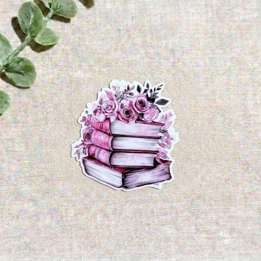 Pink Book Stack & Flowers Sticker | Romantic Bookish Vinyl Decal by The Sticker Era