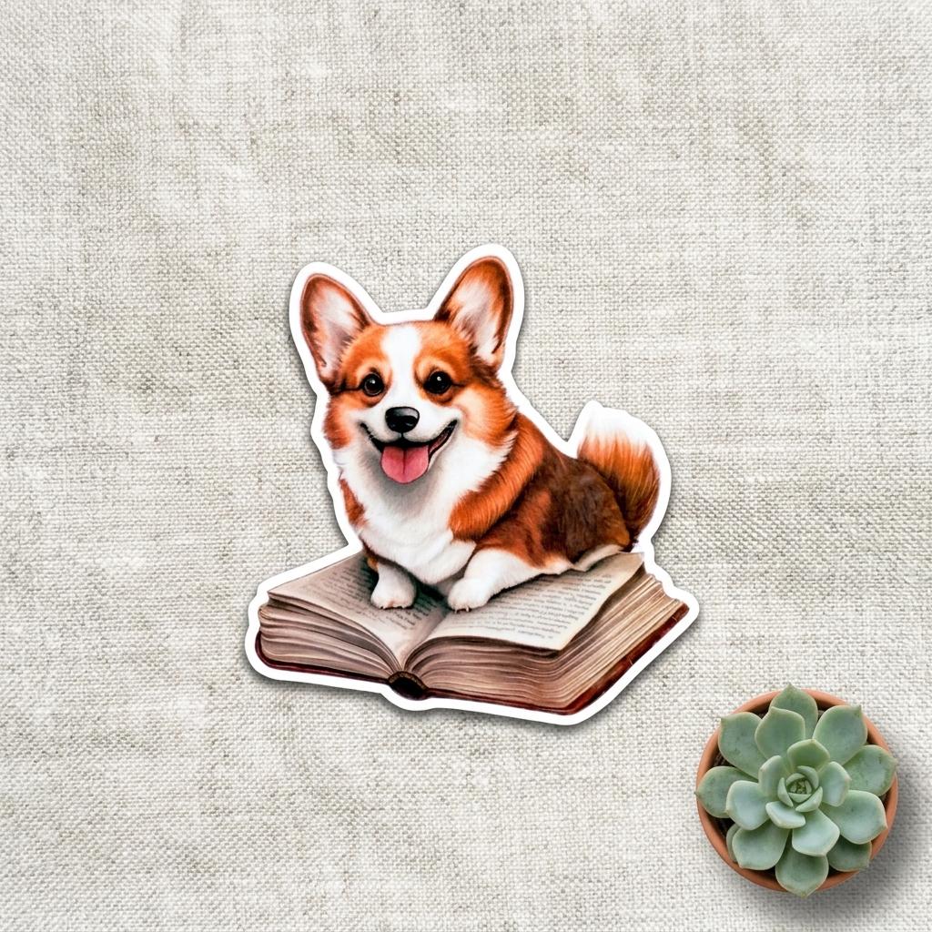 Corgi on a Book Sticker | Cute Bookish Dog Vinyl Decal by The Sticker Era