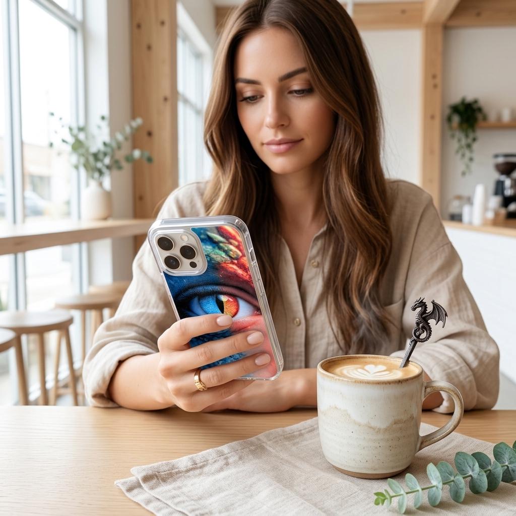  Woman holding an iPhone with the fire and ice dragon eye insert in a cozy cafe by The Sticker Era