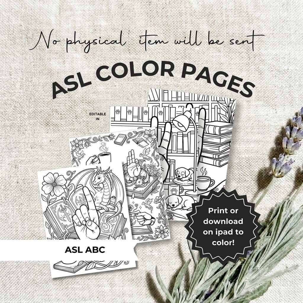 Adult Coloring Book Printable, ASL Sign Language Art, 62 Pages PDF Bundle, Instant Download by The Sticker Era