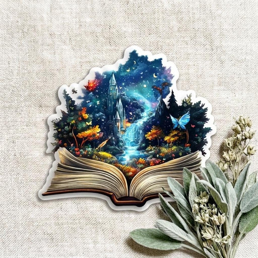 Fantasy Castle Book Sticker: Magical Forest & Stars Vinyl Decal by The Sticker Era