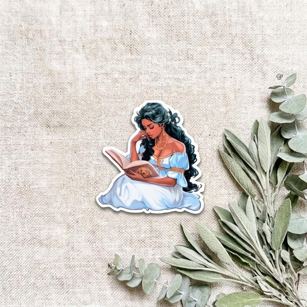 Elegant Fantasy Reading Woman Sticker | Literary Aesthetic Vinyl Decal by The Sticker Era