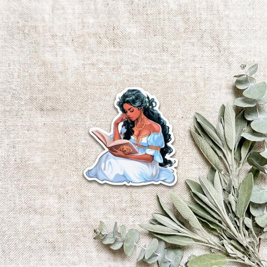 Elegant Fantasy Reading Woman Sticker | Literary Aesthetic Vinyl Decal by The Sticker Era