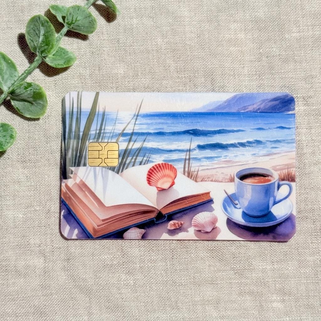 Ocean aesthetic debit card skin styled flat with greenery and seashells by The Sticker Era