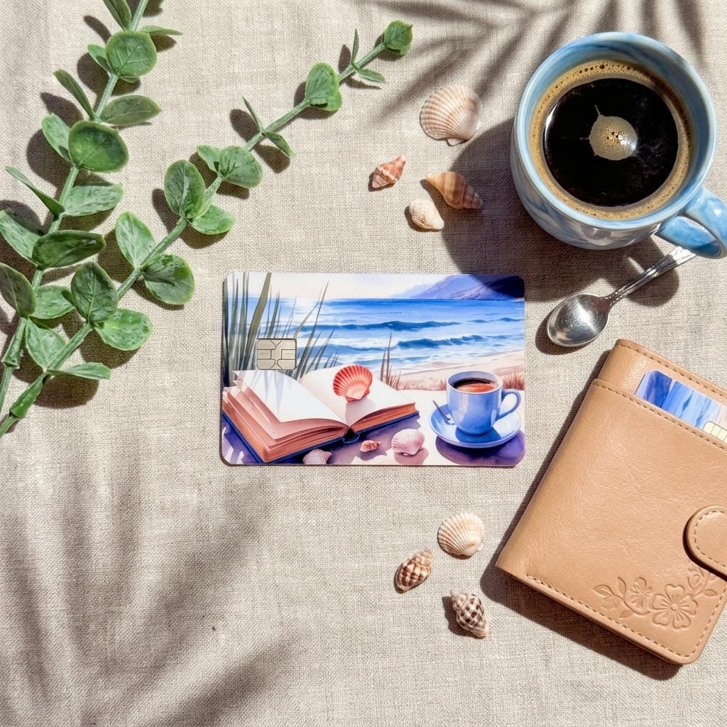 Coastal beach card skin beside a cup of coffee and eucalyptus on a table by The Sticker Era
