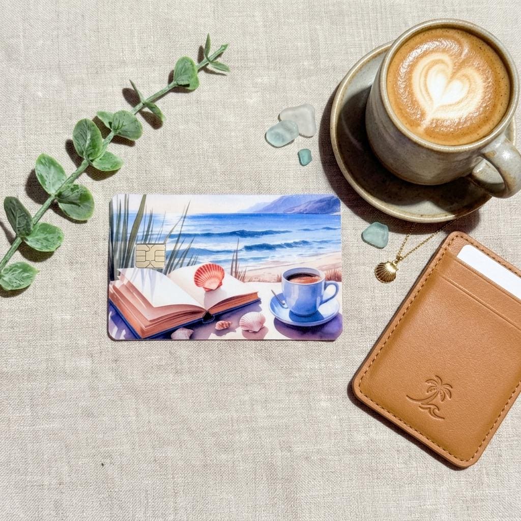 Ocean debit card skin shown with sunglasses, coffee, and a wallet on wood by The Sticker Era