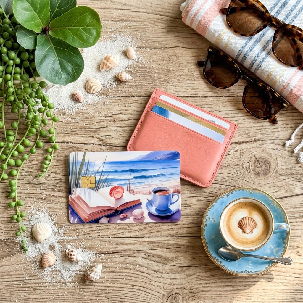  Beach card skin with coastal book scene styled with shells and flowers by The Sticker Era