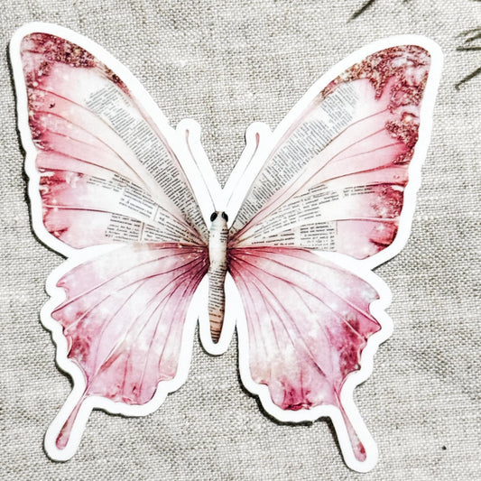 Vintage Pink Butterfly Sticker – Bookish Text, Waterproof Vinyl by The Sticker Era