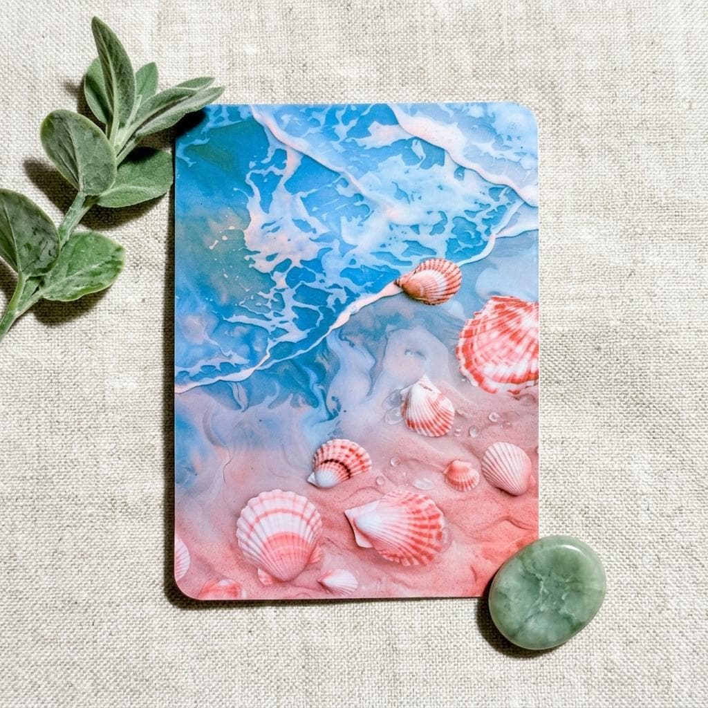 Beach seashell Kindle insert with ocean waves and pink shells for clear Kindle cases by The Sticker Era