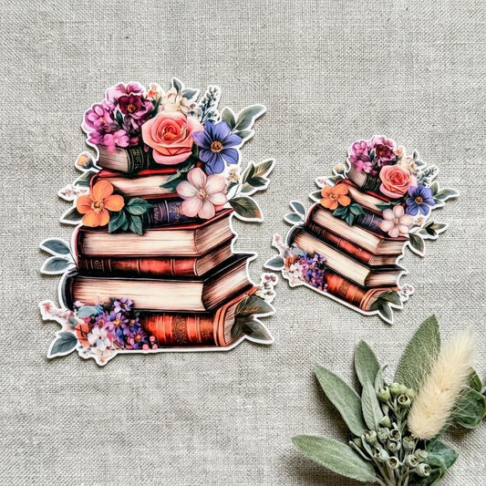Floral Book Stack Sticker | Aesthetic Bookish Flower Vinyl Decal by The Sticker Era