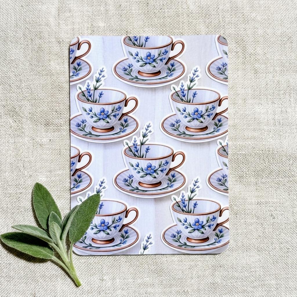 Cottagecore Kindle Insert: Blue Floral Teacup Decor by The Sticker Era