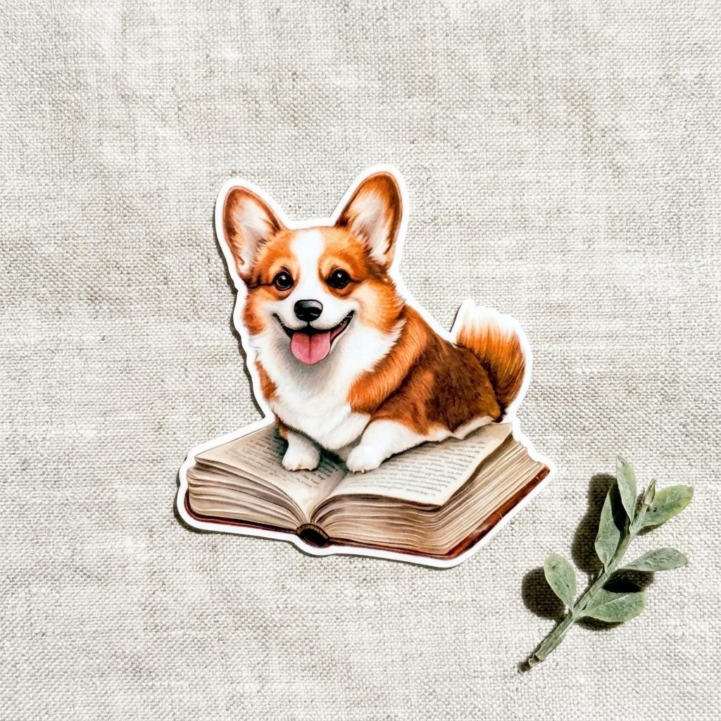 Corgi on a Book Sticker | Cute Bookish Dog Vinyl Decal by The Sticker Era