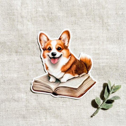 Corgi on a Book Sticker | Cute Bookish Dog Vinyl Decal by The Sticker Era