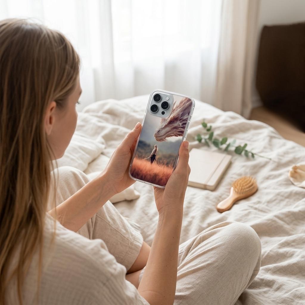 Woman holding an iPhone with the dragon rider fantasy insert on white bedding by The Sticker Era