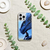 Blue dragon clear case insert flat lay with eucalyptus on linen by The Sticker Era