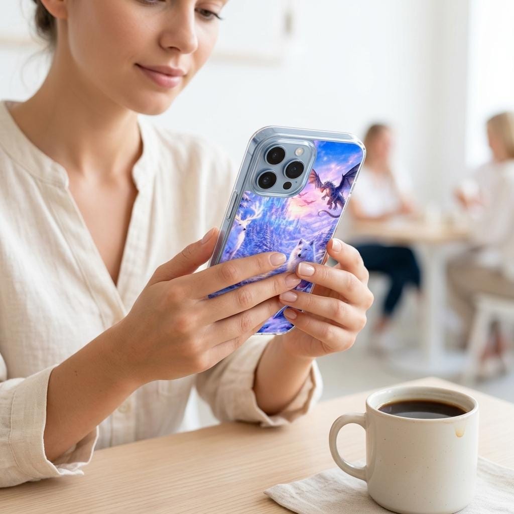 Woman holding an iPhone with the winter dragon ice castle insert beside a latte by The Sticker Era
