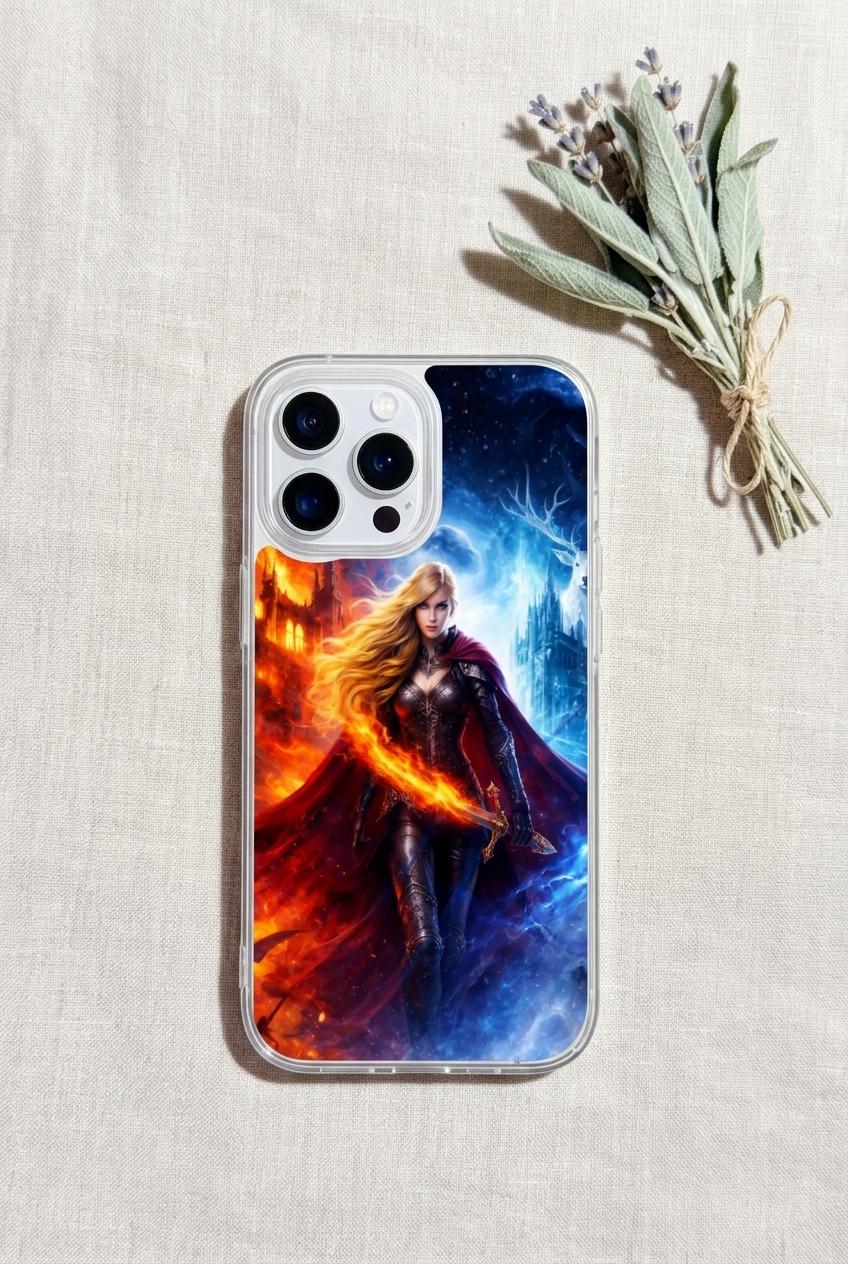 Woman holding an iPhone with the fire and ice warrior goddess insert in a cafe by The Sticker Era