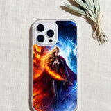 Fire and ice fantasy phone insert shown upright on a clear iPhone case by The Sticker Era